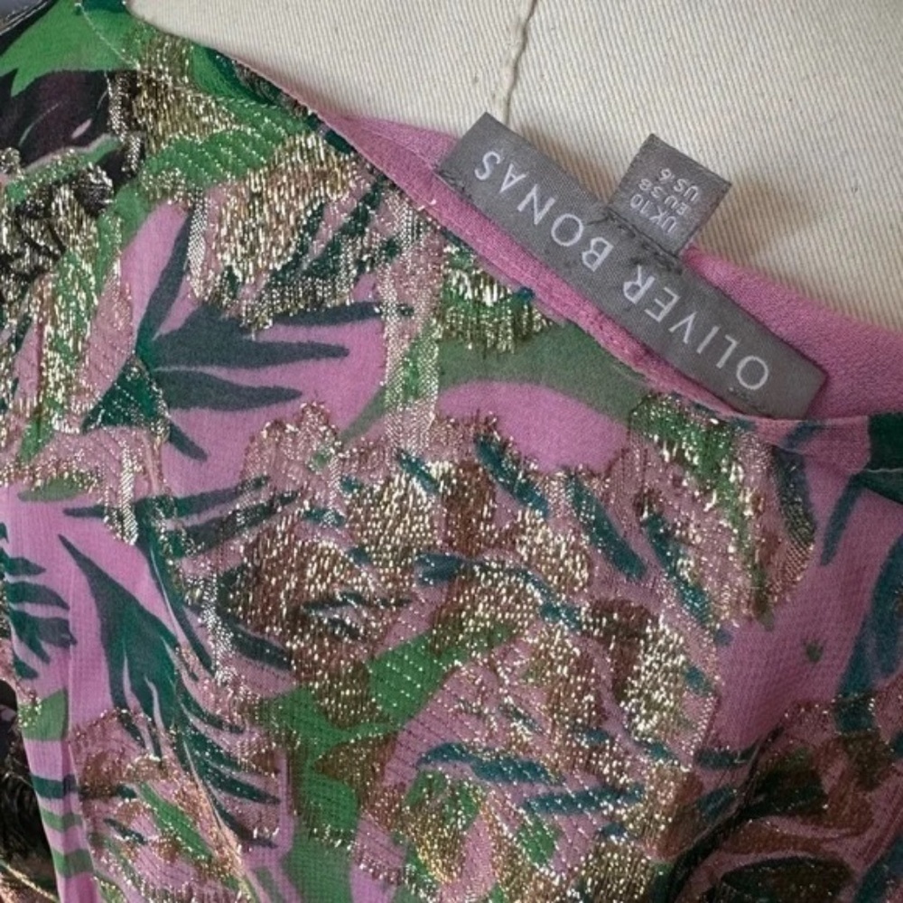 OLIVER BONAS Tropical Jacquard Metallic Blouse Sz 6 - Picture 4 of 7